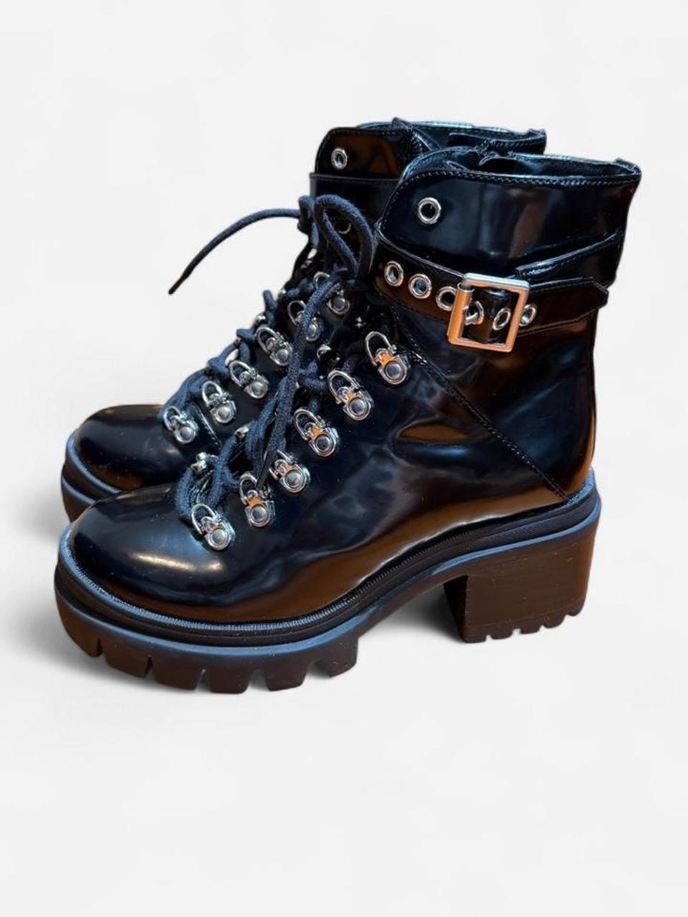 Jeffrey Campbell Czech Black Patent, Platform Lug Buckle Combat Boots 6M